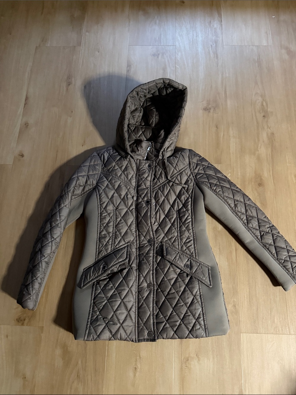 London Fog Quilted Hooded Jacket in Taupe Beige